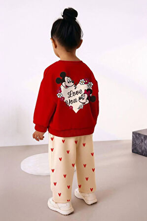 Miniğimin Cicileri Love You Mnn Kalp Desenli Kız Çocuk Takım - Kırmızı