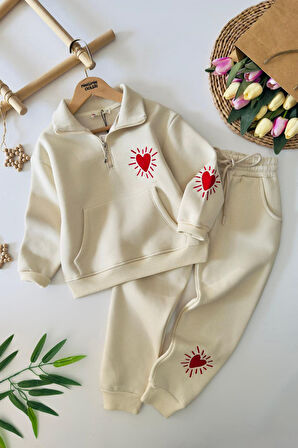 Miniğimin Cicileri Kalp İşleme Detaylı Kışlık Kanguru Cepli Kız Çocuk Takım - Krem