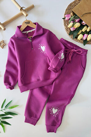 Miniğimin Cicileri Kalp İşleme Detaylı Kışlık Kanguru Cepli Kız Çocuk Takım - Mor