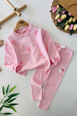 Miniğimin Cicileri Çiçek Boncuk İşleme Detaylı Kız Çocuk Takım - Pembe