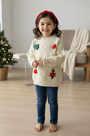 Miniğimin Cicileri Yılbaşı Konsepli Taytlı Triko Unisex Çocuk Takım - Krem