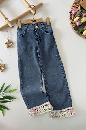 Miniğimin Cicileri Paçası Güpürlü Taşlı Kız Çocuk Kot Pantolon - Mavi