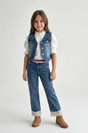 Miniğimin Cicileri Paçası Güpürlü Taşlı Kız Çocuk Kot Pantolon - Mavi