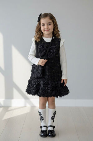 Miniğimin Cicileri Eteği Gül Detaylı Çantalı Kız Çocuk Tüvit Elbise - Siyah