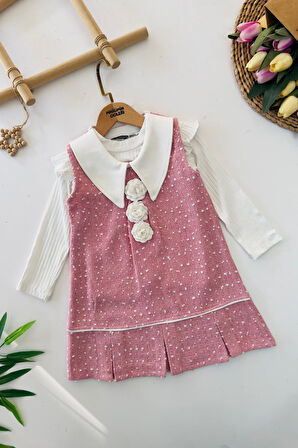 Miniğimin Cicileri Gül Detaylı Tüvit Elbise ve Badi Kız Takım - Pembe