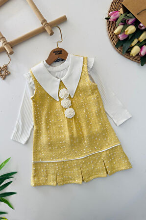 Miniğimin Cicileri Gül Detaylı Tüvit Elbise ve Badi Kız Takım - Sarı