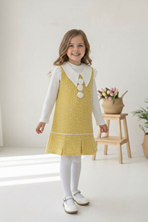 Miniğimin Cicileri Gül Detaylı Tüvit Elbise ve Badi Kız Takım - Sarı