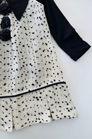 Miniğimin Cicileri Gül Detaylı Tüvit Elbise ve Badi Kız Takım - Krem