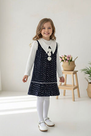 Miniğimin Cicileri Gül Detaylı Tüvit Elbise ve Badi Kız Takım - Lacivert
