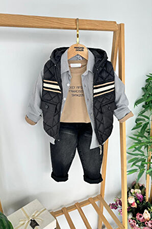 Miniğimin Cicileri Kapitone Şişme Yelekli Gömlekli Erkek Çocuk 4’lü Kombin - Siyah