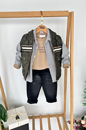 Miniğimin Cicileri Kapitone Şişme Yelekli Gömlekli Erkek Çocuk 4’lü Kombin - Yeşil