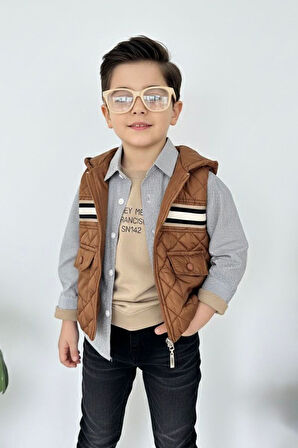 Miniğimin Cicileri Kapitone Şişme Yelekli Gömlekli Erkek Çocuk 4’lü Kombin - Taba