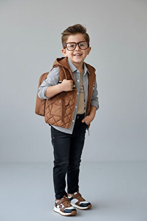 Miniğimin Cicileri Kapitone Şişme Yelekli Gömlekli Erkek Çocuk 4’lü Kombin - Taba