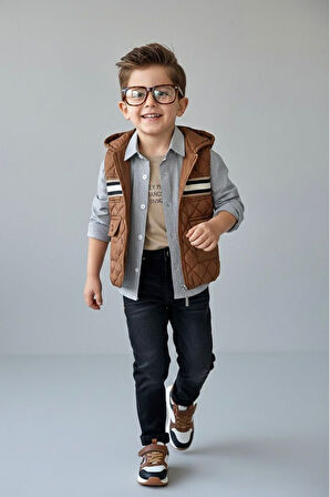 Miniğimin Cicileri Kapitone Şişme Yelekli Gömlekli Erkek Çocuk 4’lü Kombin - Taba