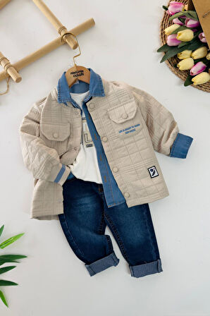 Miniğimin Cicileri Kapitone Ceketli Tensel Gömlekli Erkek Çocuk 4 lü Takım - Krem