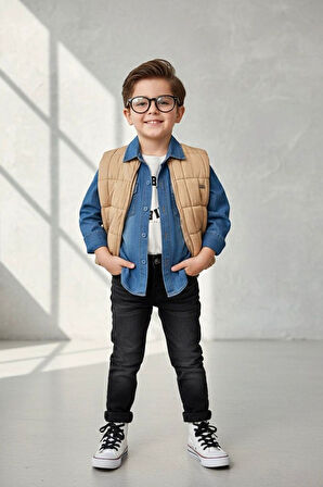 Miniğimin Cicileri Şişme Yelekli Tencel Gömlekli Erkek Çocuk 4 lü Kombin - Camel