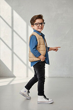 Miniğimin Cicileri Şişme Yelekli Tencel Gömlekli Erkek Çocuk 4 lü Kombin - Camel