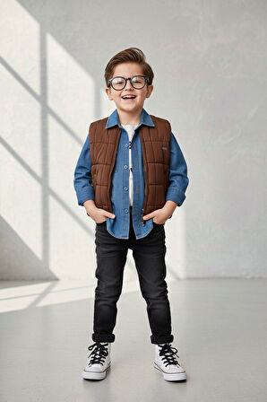 Miniğimin Cicileri Şişme Yelekli Tencel Gömlekli Erkek Çocuk 4 lü Kombin - Kahverengi