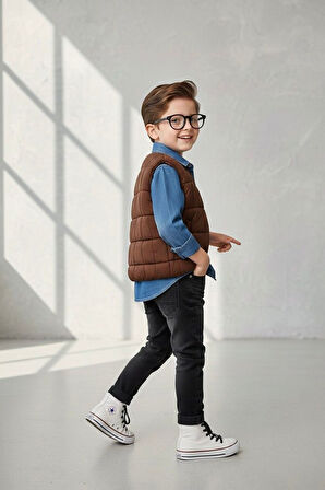 Miniğimin Cicileri Şişme Yelekli Tencel Gömlekli Erkek Çocuk 4 lü Kombin - Kahverengi