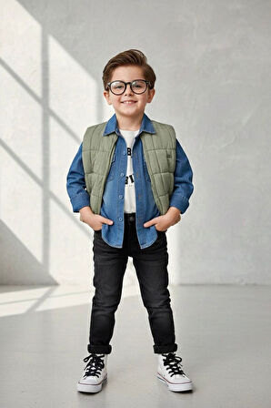 Miniğimin Cicileri Şişme Yelekli Tencel Gömlekli Erkek Çocuk 4 lü Kombin - Yeşil