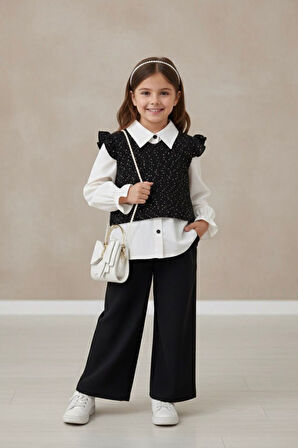 Miniğimin Cicileri Pullu Triko Detaylı Kız Çocuk 2 li Takım - Siyah