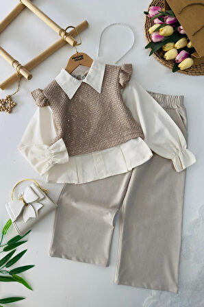 Miniğimin Cicileri Pullu Triko Detaylı Kız Çocuk 2 li Takım - Kahve