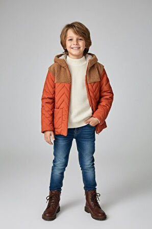 Miniğimin Cicileri Kapitoneli, Welsoft Detaylı Erkek Çocuk Mevsimlik Mont - Kiremit