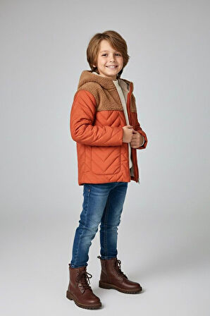 Miniğimin Cicileri Kapitoneli, Welsoft Detaylı Erkek Çocuk Mevsimlik Mont - Kiremit