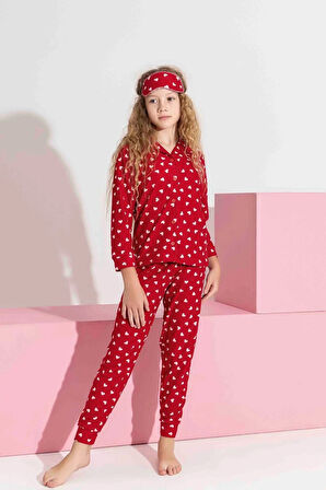 Miniğimin Cicileri Termal Kumaş Kalp Desenli Kız Çocuk Pijama Takımı - Kırmızı