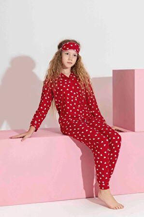 Miniğimin Cicileri Termal Kumaş Kalp Desenli Kız Çocuk Pijama Takımı - Kırmızı