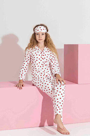 Miniğimin Cicileri Termal Kumaş Kalp Desenli Kız Çocuk Pijama Takımı - Beyaz