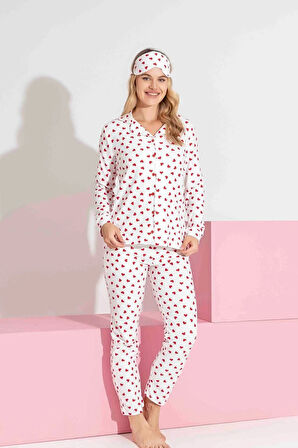 Miniğimin Cicileri Termal Kumaş Kalp Desenli Kız Çocuk Pijama Takımı - Beyaz