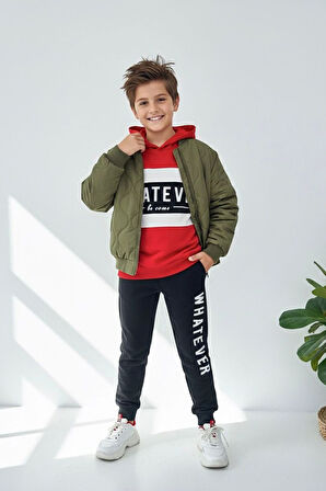 Miniğimin Cicileri (9-16 yaş) Whatever Şeritli Erkek Çocuk 2 li Mevsimlik Takım - Kırmızı