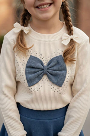 Miniğimin Cicileri Fiyonk Taş Detaylı Kız Çocuk Sweat - Krem