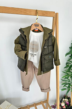 Miniğimin Cicileri Şişme Yelekli Erkek Çocuk Gömlekli 4 lü Takım - Haki