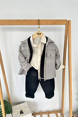 Miniğimin Cicileri İşleme Detaylı Ceketli Gömlek Yaka Erkek Çocuk 4’lü Takım - Gri