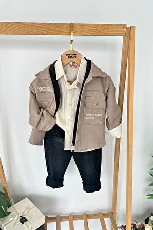 Miniğimin Cicileri İşleme Detaylı Ceketli Gömlek Yaka Erkek Çocuk 4’lü Takım - Kahve
