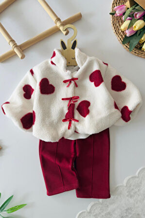 Miniğimin Cicileri Kalp Detaylı Kürklü 3 lü Kız Bebek Kışlık Takım - Kırmızı