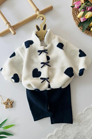 Miniğimin Cicileri Kalp Detaylı Kürklü 3 lü Kız Bebek Kışlık Takım - Lacivert