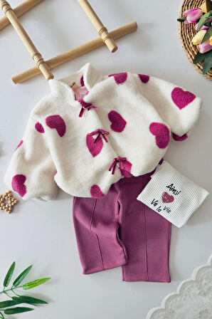 Miniğimin Cicileri Kalp Detaylı Kürklü 3 lü Kız Bebek Kışlık Takım - Mor