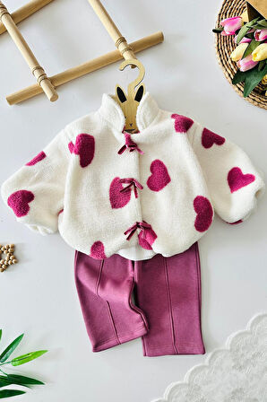 Miniğimin Cicileri Kalp Detaylı Kürklü 3 lü Kız Bebek Kışlık Takım - Mor