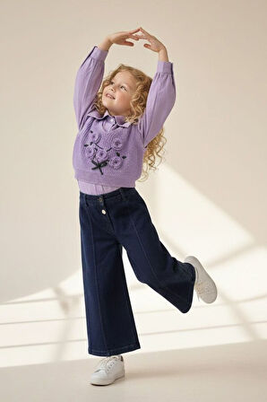 Miniğimin Cicileri Çiçek Detaylı Örgü Süveterli 3 lü Kız Çocuk Takım - Mor