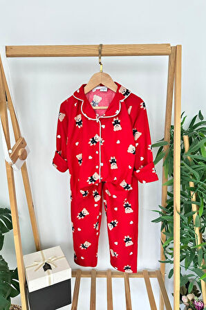 Miniğimin Cicileri Ayıcık Desenli Süet Kız Çocuk Pijama Takımı - Kırmızı