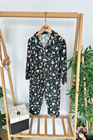 Miniğimin Cicileri Yılbaşı Kardanadam  Desenli Süet Kız Çocuk Pijama Takımı - Yeşil