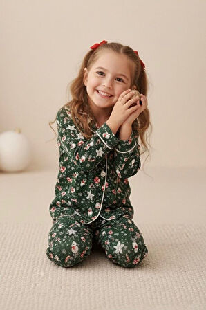 Miniğimin Cicileri Yılbaşı Kardanadam  Desenli Süet Kız Çocuk Pijama Takımı - Yeşil