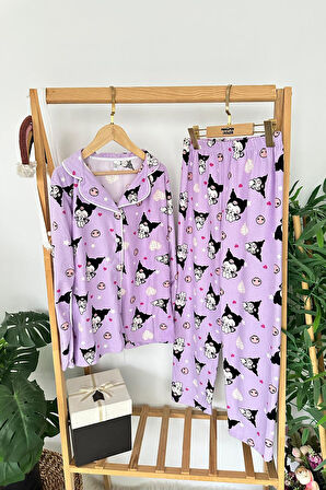 Miniğimin Cicileri Krm Desenli Süet Kız Çocuk Pijama Takımı - Lila