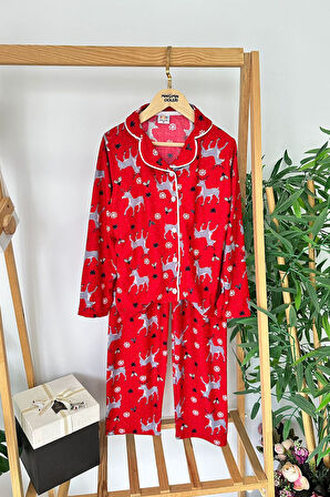 Miniğimin Cicileri Geyik  Desenli Süet Kız Çocuk Pijama Takımı - Kırmızı