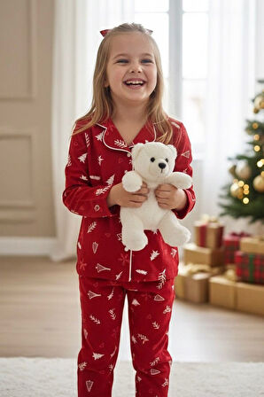Miniğimin Cicileri Çam Ağacı  Desenli Süet Kız Çocuk Pijama Takımı - Kırmızı