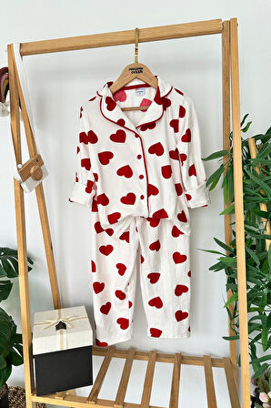 Miniğimin Cicileri Kalp  Desenli Süet Kız Çocuk Pijama Takımı - Beyaz