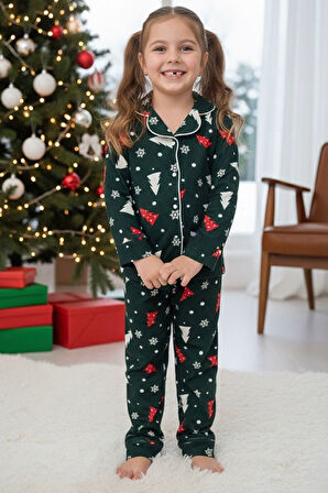Miniğimin Cicileri Kartanesi Çam Desenli Süet Kız Çocuk Pijama Takımı - Yeşil